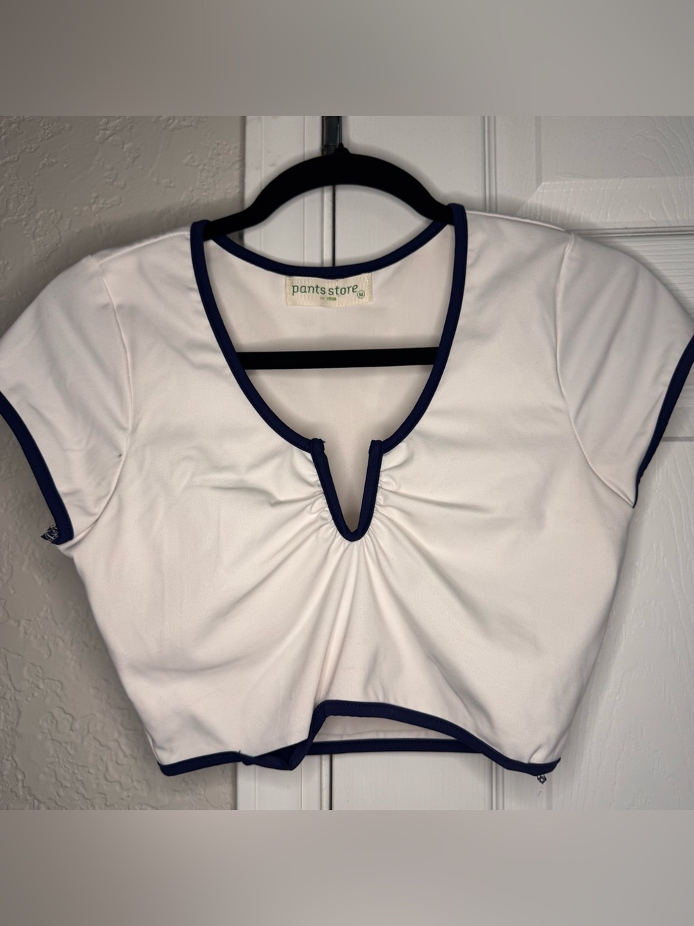 Pants Store White Crop Top with Navy Trim
